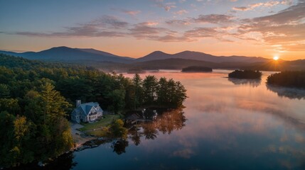 Morning light dances on calm waters as a charming cabin sits by the lake surrounded by mountains.