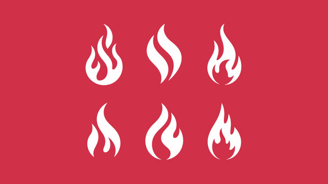 A collection of six stylized white flame icons arranged in two rows of three against a solid red background.