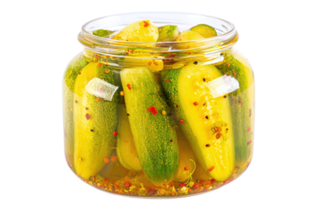 Pickled cucumbers in a jar isolated on transparent background, a tangy and crunchy treat