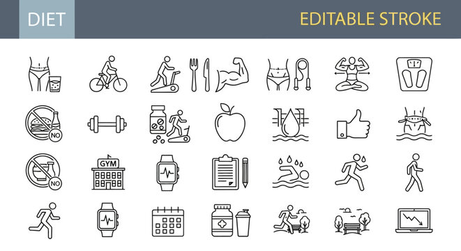 Sleek and Modern Line Icon Collection for Healthy Lifestyle, Fitness, and Diet Concepts, Featuring Editable Stroke Vectors for Wellness Applications and Sports Activities