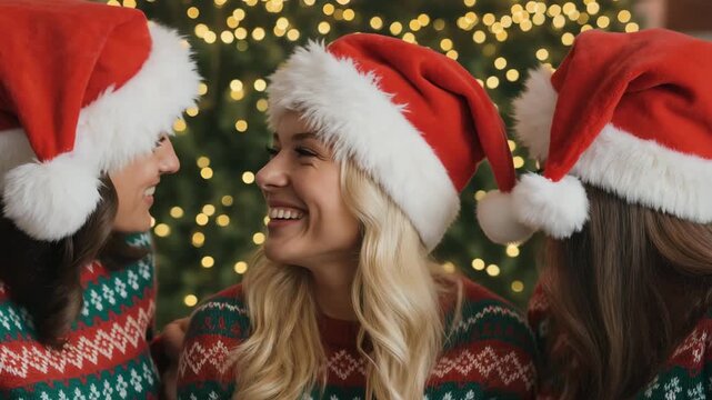 Three women wearing Santa hats and Christmas sweaters laughing together festive holiday season