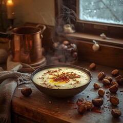 A steaming bowl of chestnut kheer garnished with saffron and nuts, set on a wooden counter with winter light, scattered chestnuts, and warm kitchen ambience.