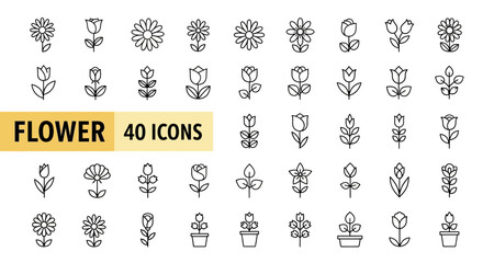 Collection of 40 minimalist flower icons in line style for various design projects
