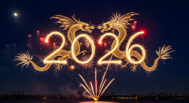 Celebratory Fireworks Display Creating 2026 Numeral in Sky.