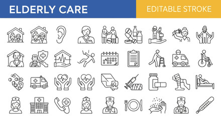 My sleek line collection of vector icons representing elderly care, senior citizen health, and medical assistance. Outline symbols for geriatrics and nursing