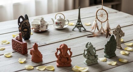 cultural diversity represented with symbolic objects placed in a circle, soft natural colors