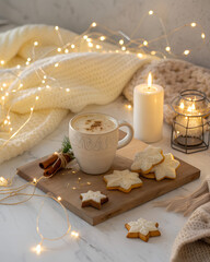 Soft dreamy cozy background with warm fairy lights, creamy textures, aesthetic composition