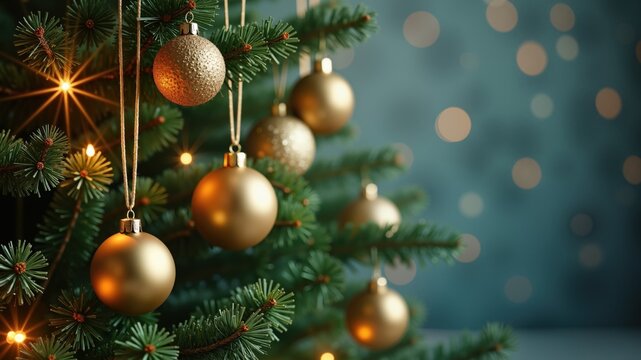 christmas card with fir tree golden balls hanging decoration
