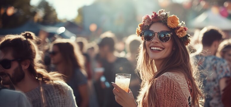 Young woman with flower crown and sunglasses holding a drink, smiling at an outdoor music festival during a sunny day, happy social event.
