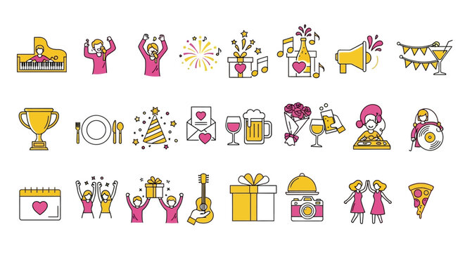 A sleek line icon collection celebrating parties and special events, featuring music, food, drinks, and festive symbols