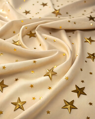 Elegant cozy background with gold foil stars, beige textures, soft glowing lighting