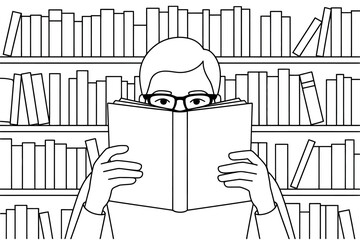 A person wearing glasses reads a book in front of a wall of bookshelves, illustration.