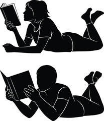 Silhouette of Boy and Girl Lying Down Reading Books