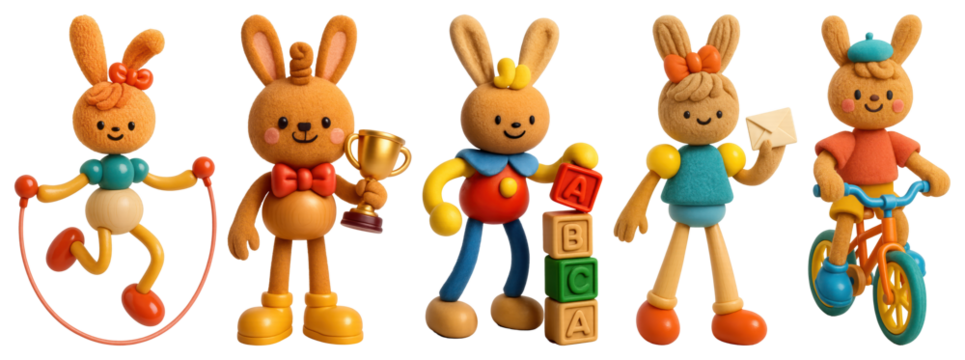 Playful clay bunny characters