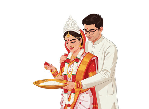 Traditional Bengali Wedding Couple Performing Ritual Vector Illustration