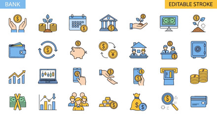 Comprehensive Collection of Sleek Line Icons Illustrating Modern Banking, Financial Transactions, Investment Growth, and Business Management Concepts
