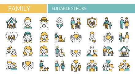 A modern and sleek line icon collection illustrating diverse family dynamics, loving relationships, home life, and community support through editable stroke graphics