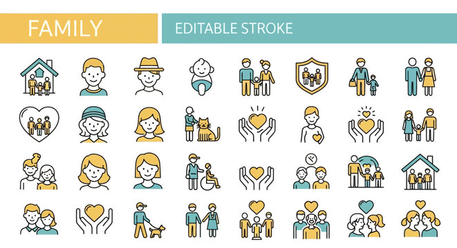 A modern and sleek line icon collection illustrating diverse family dynamics, loving relationships, home life, and community support through editable stroke graphics