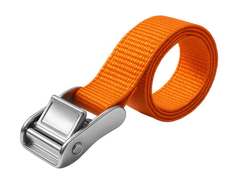 Quick-release ratchet strap with cam buckle for securing outdoor gear.