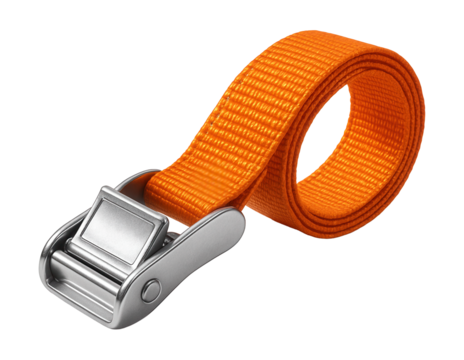 Quick-release ratchet strap with cam buckle for securing outdoor gear.