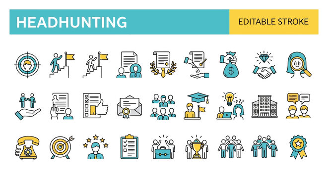Modern sleek line icons collection depicting headhunting, recruitment, career advancement, and human resource management concepts for business professionals - Powered by Adobe