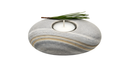 Zen stone candle holder with a sprig of pine isolated on transparent background creates a peaceful and calming atmosphere