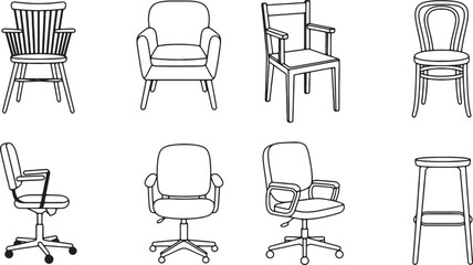 Collection of chairs and stools vector illustration set in outline style