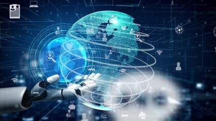 A robotic hand reaches out to a virtual globe, surrounded by technology symbols and icons, showcasing themes of digital communication, innovation, and modern connectivity. Xenic - Powered by Adobe