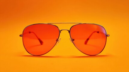 Sunglasses with striking red lenses are displayed against a bold orange backdrop showcasing a fun style.