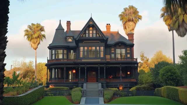 Victorian-style Queen Anne mansion with turrets and palm trees in the background.