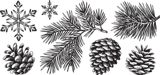 Elegant black and white Christmas design with pinecones and snowflakes