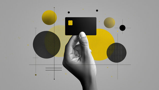 A black hand holds a credit card against a gray background with abstract yellow and black geometric shapes. The scene represents financial technology and digital payments.