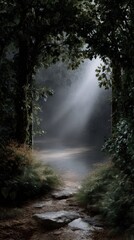 Fototapeta premium A mystical path leading to light, misty and hazy, lush greenery, damp ground with rocks and gravel, trees towering over the scene, a sense of mystery and magic in the air. 