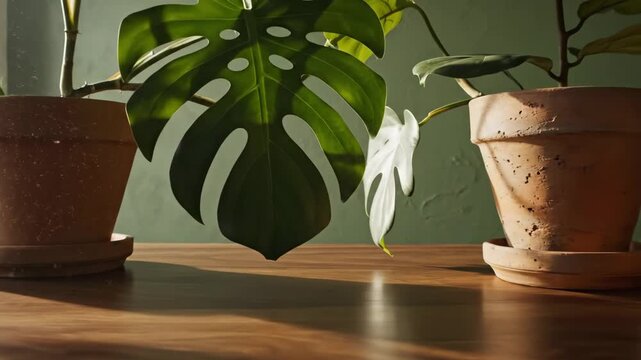 Indoor Potted Plants on Wooden Surface - This shot showcases a row of various green potted plants on top of a polished wooden table or countertop.