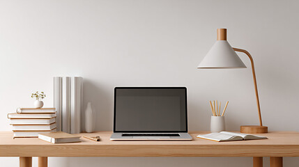 Minimalist study desk featuring a laptop, stacked books, a task lamp, and a planner, creating an organized workspace with a serene ambiance and copy space for design