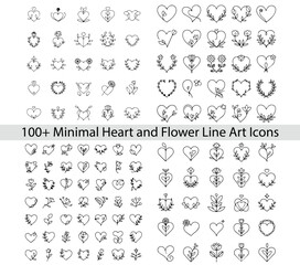 100 Minimal Heart and Flower Line Art Icons, Love and Nature Collection, Minimal heart icons, minimal flower icons, line art hearts, line art flowers, love line art, nature line art, floral outline,