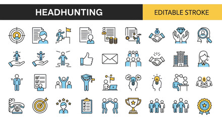 Set of editable stroke outline icons for human resources, career development, and talent acquisition in a sleek line collection
