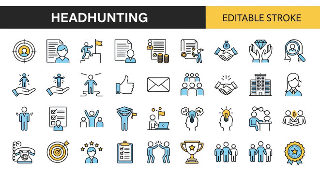 Set of editable stroke outline icons for human resources, career development, and talent acquisition in a sleek line collection