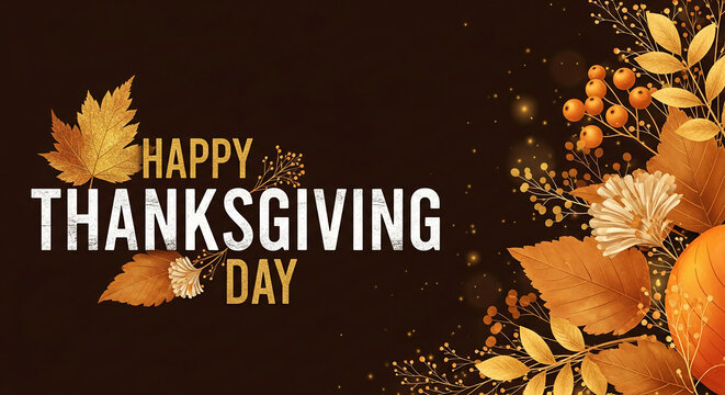 Festive autumnal image with golden foliage and "Happy Thanksgiving Day" text, representing harvest season and gratitude, suitable for holiday cards - Powered by Adobe