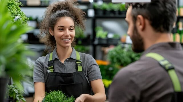 Cheerful saleswoman wearing an apron and black gloves is holding a bunch of dill, smiling and talking to a customer in a garden center full of plants