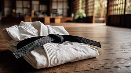 Neatly folded karate uniform with a black belt rests on a polished wooden floor, showcasing traditional martial arts attire in a serene dojo environment