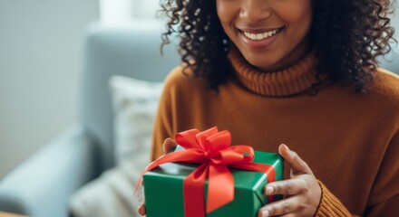 Close up of smiling african american woman receiving a Christmas gift. Holiday present concept for celebration and festive season.