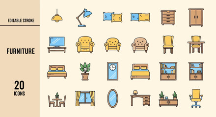 Collection of 20 editable stroke icons representing various furniture items for interior design and home decor