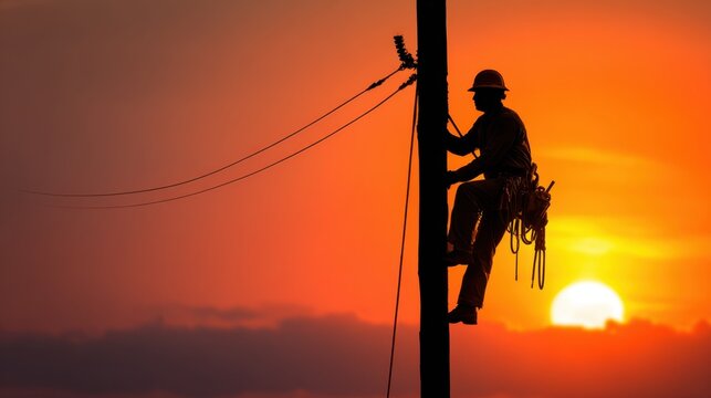 Electrical technician ascends a pole silhouetted by vibrant sunset colors in the background.