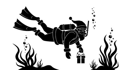 Santa claus diver underwater holding christmas gift silhouette