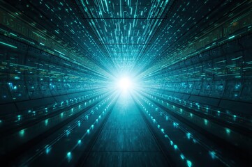 Obraz premium Luminous data corridor with glowing circuits converging toward radiant light in metallic space