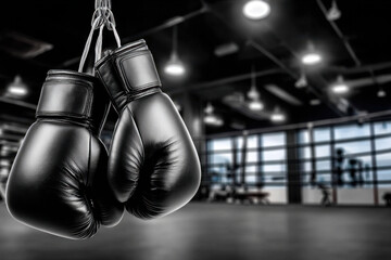 Black Boxing Gloves Hanging in a Dark Gym