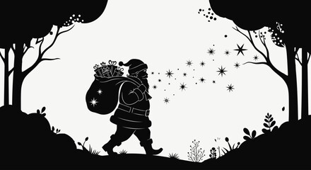 Santa claus walking through a dark forest with a sack of gifts silhouette