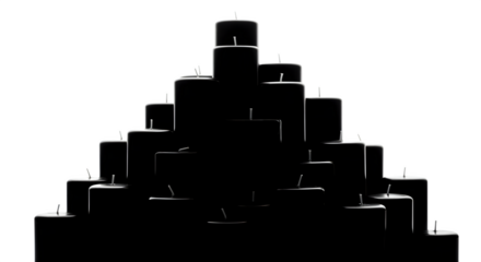 A pyramid of black candles isolated on transparent background creates a striking and mysterious visual effect, with a strong contrast