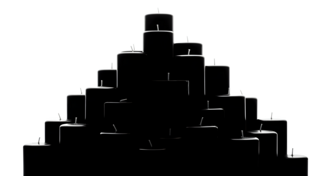 A pyramid of black candles isolated on transparent background creates a striking and mysterious visual effect, with a strong contrast